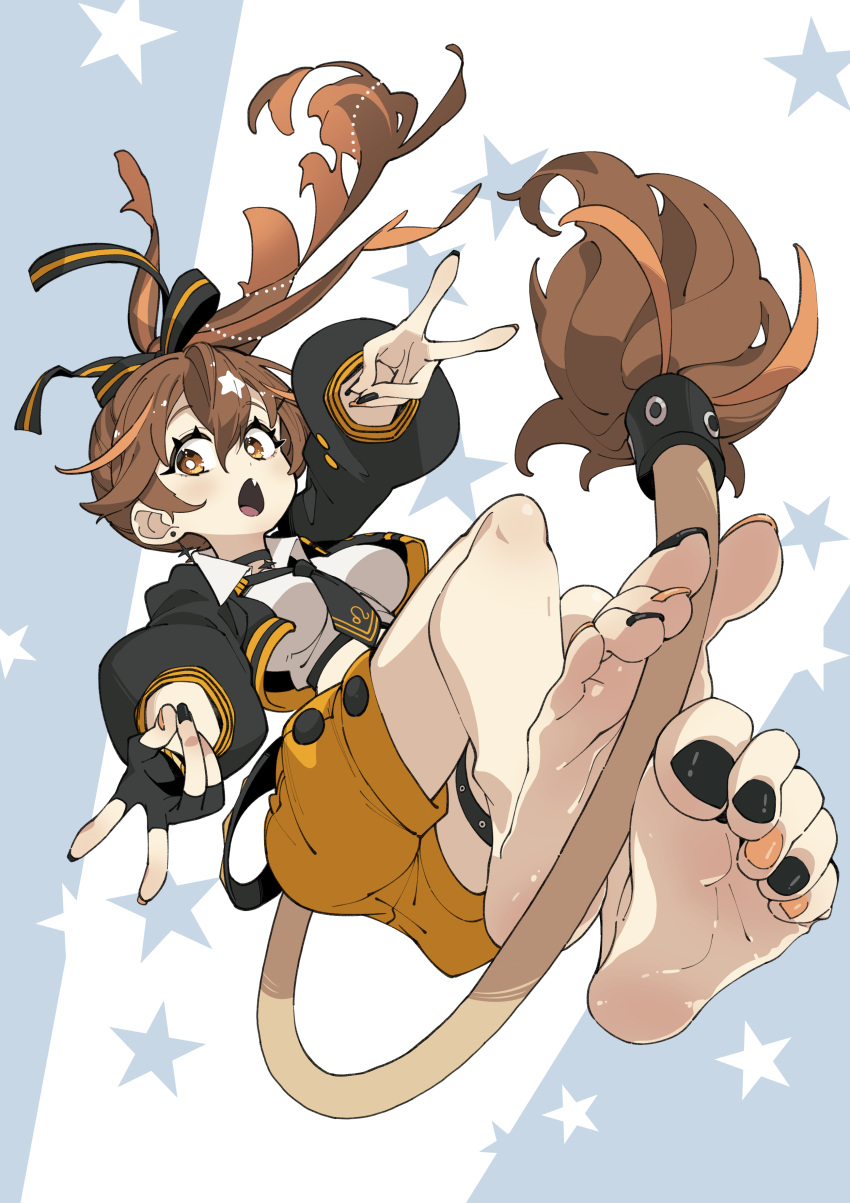 absurdres barefoot black_nails brown_hair double_v feet female foot_focus full_body hair_between_eyes highres long_hair looking_at_viewer multicolored_nails nail_polish open_mouth orange_nails re:act shishigami_leona soles solo toenail_polish toenails toes ushiki_yoshitaka v virtual_youtuber