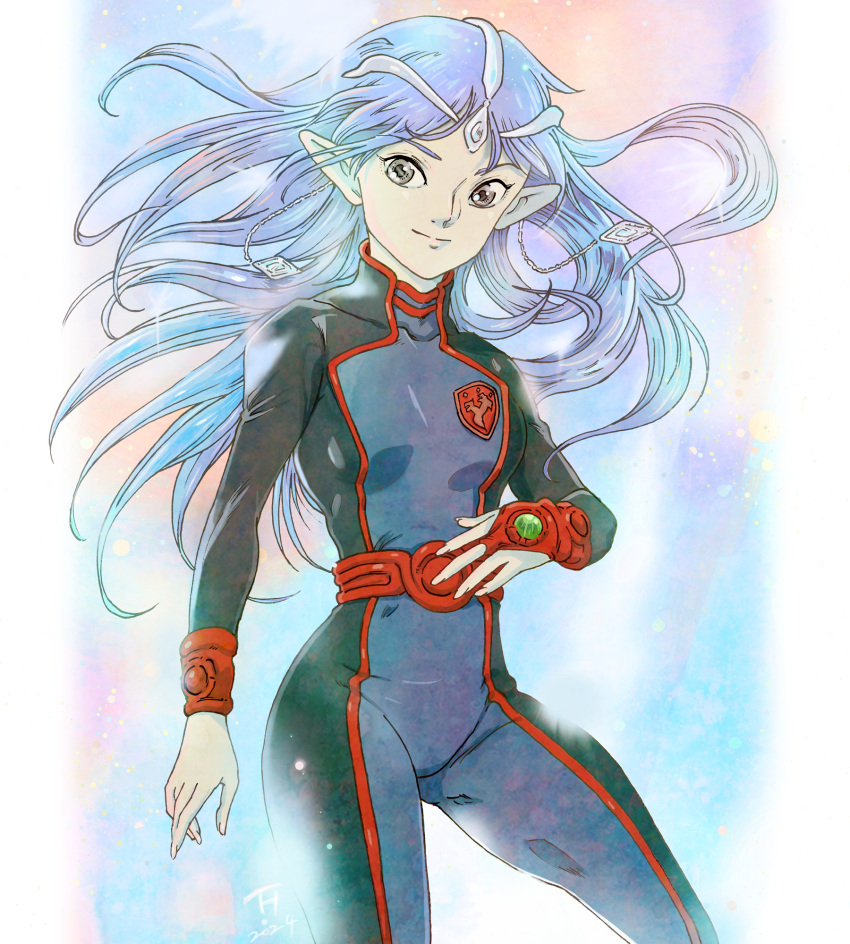 belt black_bodysuit blue_bodysuit bodysuit breasts bridal_gauntlets cowboy_shot female floating_hair grey_eyes hair_behind_ear highres kujira_gunsou lafiel long_hair long_pointy_ears pointy_ears red_belt seikai_no_monshou seikai_no_senki skin_tight small_breasts smile solo two-tone_bodysuit very_long_hair