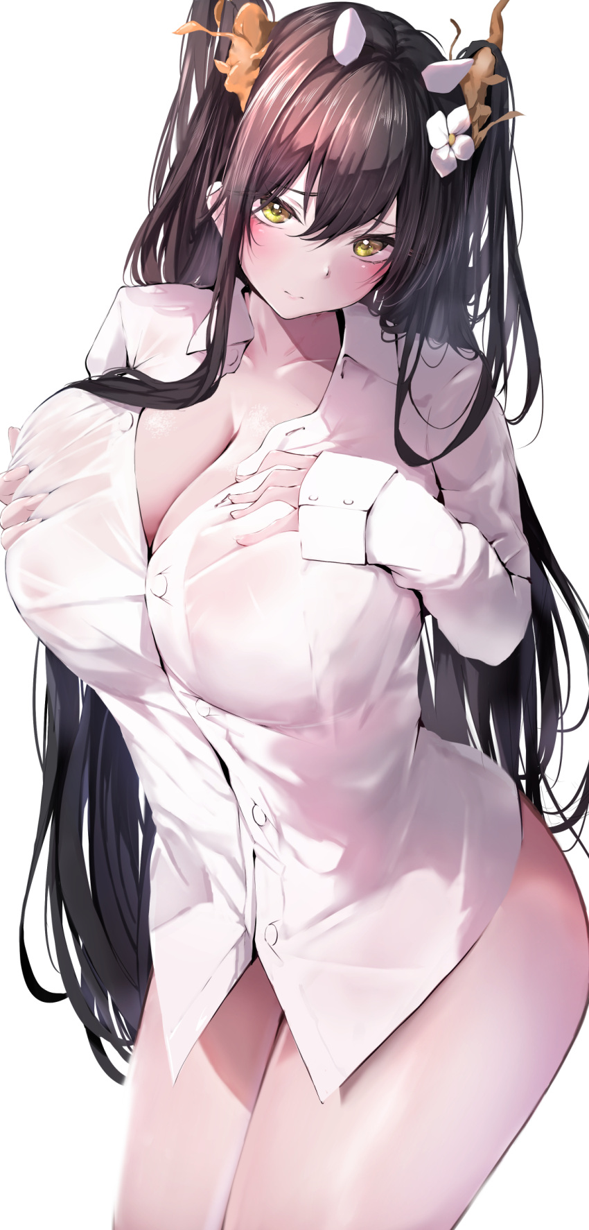 absurdres alternate_costume azur_lane black_hair breasts cleavage collarbone collared_shirt commentary cowboy_shot female flower grabbing_own_breast green_eyes hair_between_eyes hair_flower hair_on_horn hair_ornament hands_on_own_chest highres huge_breasts indomitable_(azur_lane) long_hair long_sleeves looking_at_viewer raru_(nanaharararu) shirt simple_background solo very_long_hair white_background white_flower white_shirt