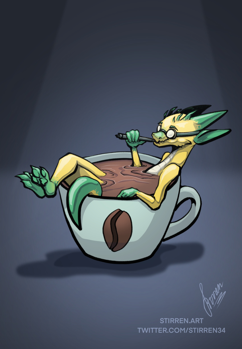 anthro bathing beverage coffee coffee_cup container cup eating hi_res kobold male micro relaxing simple_background solo stirren