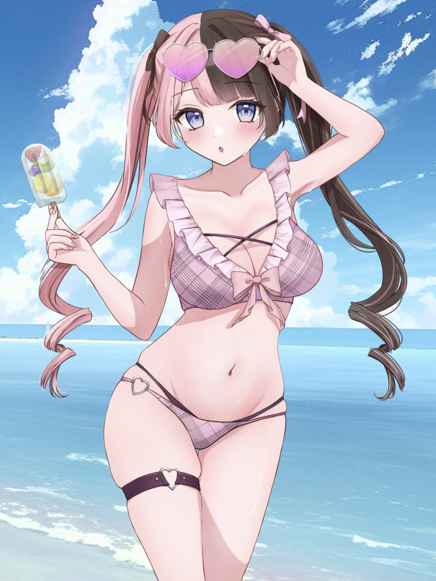 :o absurdres bikini blue_eyes blue_sky blush bow breasts brown_bow brown_hair cleavage cloud contrapposto cross-laced_bikini cross-laced_clothes eyewear_on_head female food frilled_bikini frills hairbow heart heart-shaped_eyewear heart_o-ring highres holding holding_food holding_popsicle horizon large_breasts layered_bikini long_hair looking_at_viewer multicolored_hair navel o-ring o-ring_bikini o-ring_thigh_strap ocean pink-tinted_eyewear pink_bikini pink_bow pink_hair pink_nails plaid_bikini plaid_clothes popsicle skindentation sky solo split-color_hair stomach string_bikini sunglasses sweat swimsuit tachibana_hinano_(vtuber) thigh_strap tinted_eyewear twintails two-tone_hair very_long_hair virtual_youtuber vspo! ysnhryk