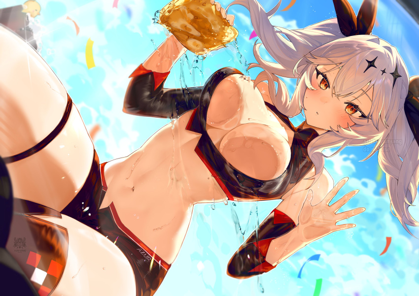 against_glass azur_lane bare_shoulders black_shorts blue_sky boots breast_press breasts breasts_on_glass cleavage cleavage_cutout clothing_cutout confetti day detached_sleeves female grey_hair hair_between_eyes hair_ornament hair_ribbon highres holding holding_sponge joffre_(azur_lane) joffre_(blessings'_first_flight)_(azur_lane) large_breasts manjuu_(azur_lane) micro_shorts navel race_queen red_eyes ribbon shorts single_thigh_boot sky sponge thigh_boots thigh_strap thighhighs twintails washing washing_vehicle water wet yun-yang