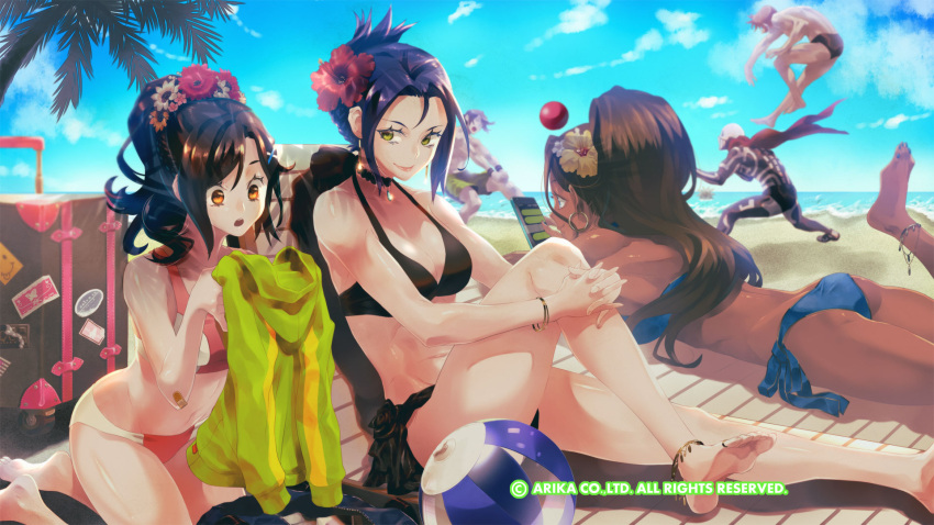 3boys 3girls arika artist_request ass bandaid barefoot beach blair_dame character_request cloud dark-skinned_female dark_skin earrings fighting_ex_layer flower hair_flower hair_ornament highres jewelry long_hair multiple_boys multiple_girls nanase_(arika) official_art official_wallpaper pullum_purna sand skullomania smile suitcase swimsuit