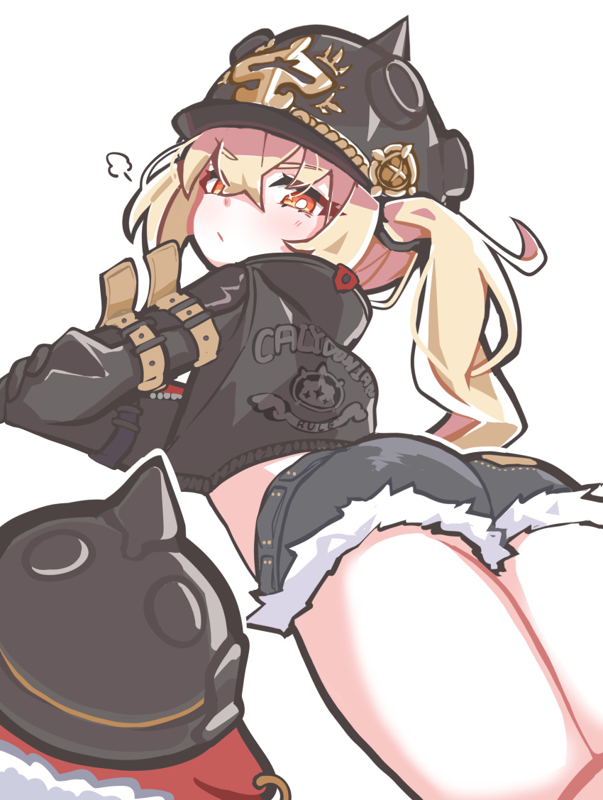 absurdres ass black_jacket blonde_hair blush female from_behind fur-trimmed_shorts fur_trim helmet highres jacket looking_at_viewer luciana_de_montefio lying midriff on_stomach orange_eyes pickelhaube pig pout puff_of_air shoeguy shorts side_ponytail thighs zenless_zone_zero