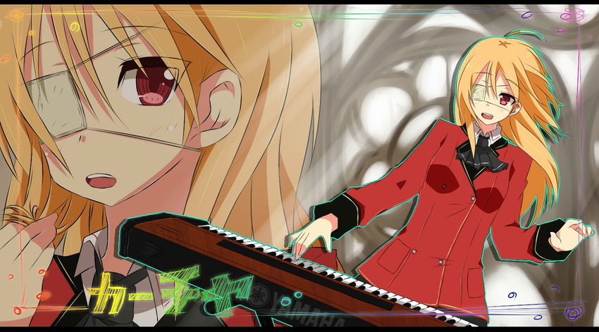 ahoge bad_link blonde_hair eyepatch female instrument k-on! katja_bohm keyboard_(instrument) missing_stars myuto_(advent_retribution) parody red_eyes school_uniform twirling_hair yamaha