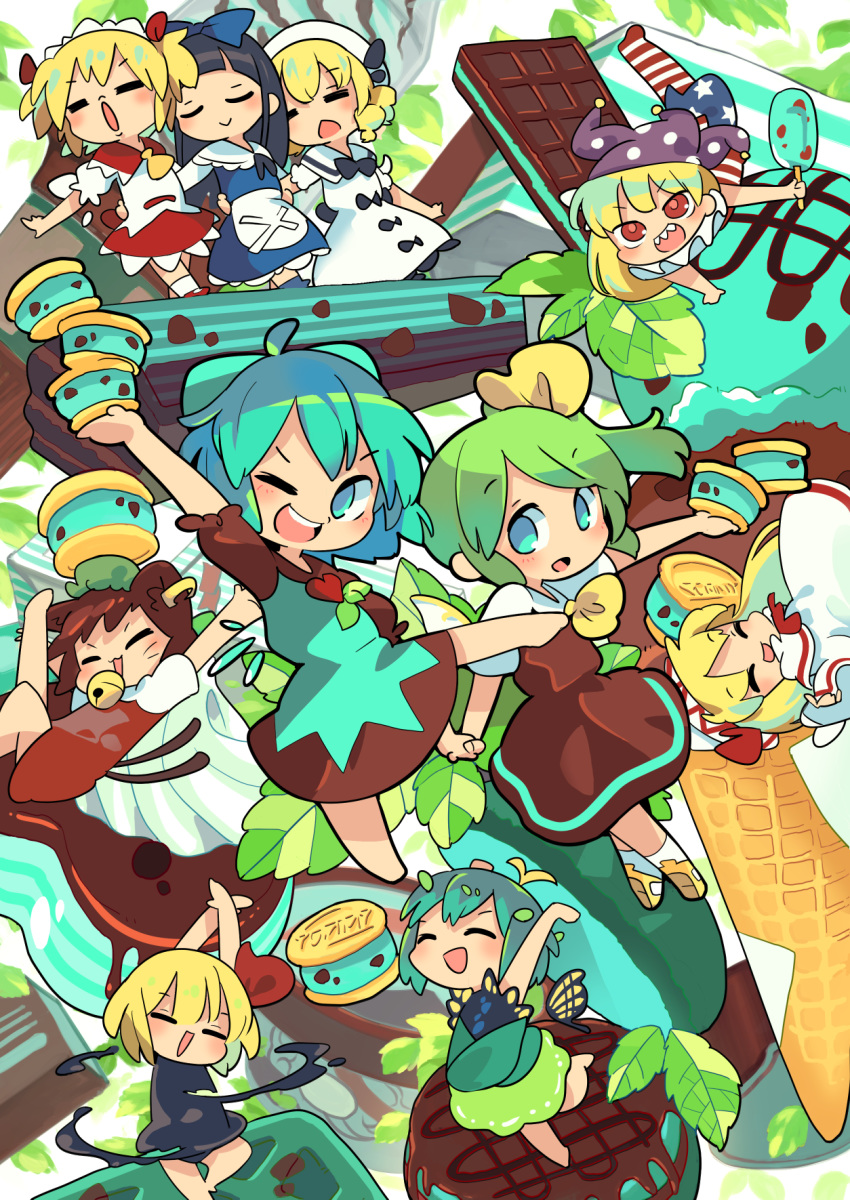 6+girls ;d ^_^ alternate_color arms_up candy chen chibi chocolate chocolate_bar cirno closed_eyes clownpiece commentary daiyousei double_scoop eternity_larva fairy food full_body happy highres ice_cream ice_cream_cone ice_cream_sandwich lily_white looking_at_viewer luna_child mint mint_chocolate moyazou_(kitaguni_moyashi_seizoujo) multiple_girls one_eye_closed open_mouth rumia smile star_sapphire sunny_milk touhou