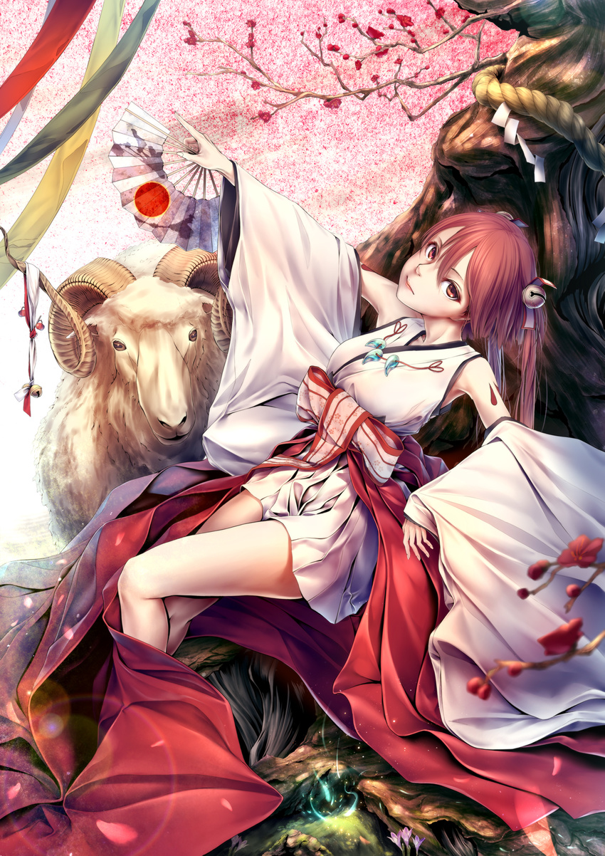 animal bell blurry branch commentary_request crocus_(flower) depth_of_field detached_sleeves female flower folding_fan hair_bell hair_ornament hand_fan highres horns inari_konkon_koi_iroha. looking_at_viewer obi oki_(koi0koi) oomiya-no-me-no-kami outstretched_arm petals photoshop_(medium) plum_blossoms pose red_eyes red_hair rope sash sheep sheep_horns shimenawa sitting sleeves_past_wrists tattoo thighs tree twintails wide_sleeves