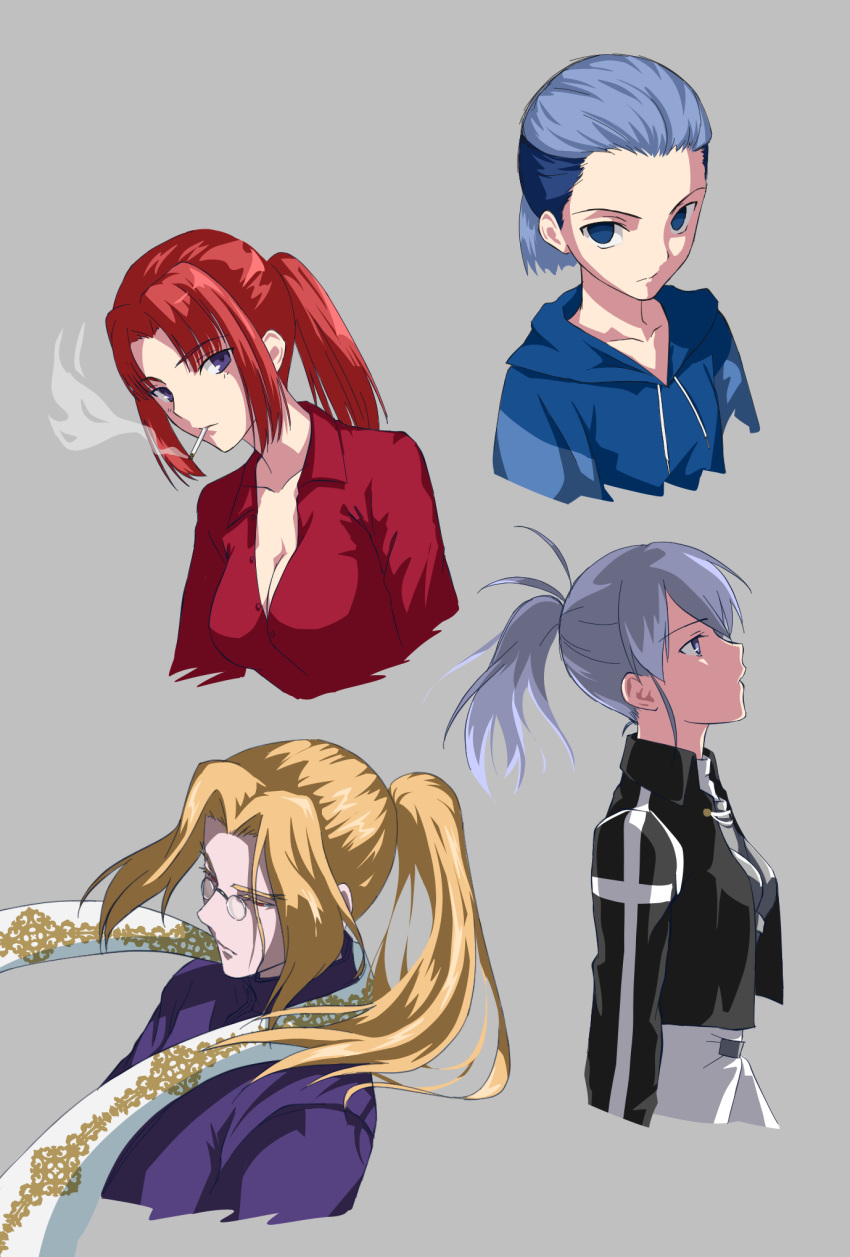 1boy 3girls axia-chan blonde_hair blue_eyes blue_hair breasts cigarette cleavage commentary_request cropped_torso dress_shirt from_side grey_background highres hood hoodie inui_ichiko kagetsu_tooya long_hair looking_at_viewer melty_blood michael_roa_valdamjong multiple_girls riesbyfe_stridberg shirt short_hair short_ponytail smoking tsukihime tsukihime_souka