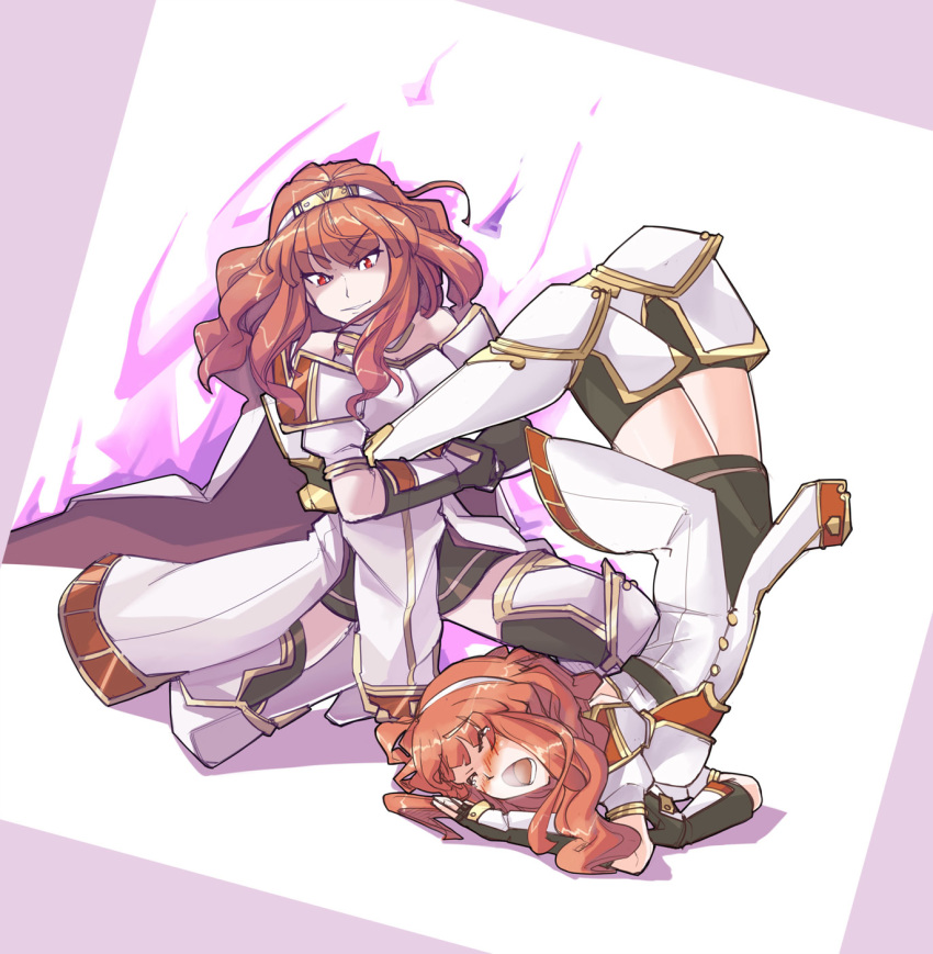 2girls armor blush cape celica_(fire_emblem) closed_eyes commentary_request dark_persona dress dual_persona fingerless_gloves fire_emblem fire_emblem_echoes:_shadows_of_valentia fire_emblem_heroes gloves highres jaegan jewelry lion_tamer long_hair multiple_girls open_mouth photoshop_(medium) red_eyes red_hair ryona smile submission_hold tiara wrestling