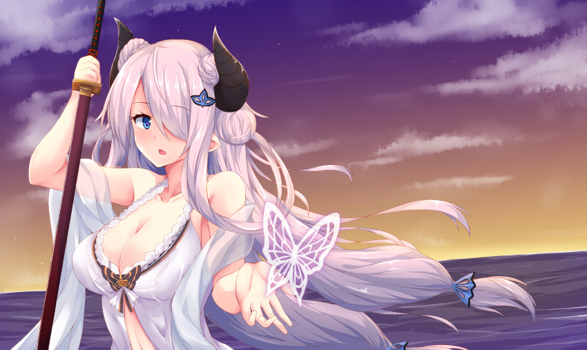 absurdres blue_eyes breasts butter camisole cleavage double_bun draph female food granblue_fantasy hair_bun hair_over_one_eye hakuhou_(ende_der_welt) heart heart-shaped_pupils highres horns katana large_breasts looking_at_viewer narmaya_(granblue_fantasy) navel open_mouth pink_hair pointy_ears solo sword symbol-shaped_pupils upper_body water weapon