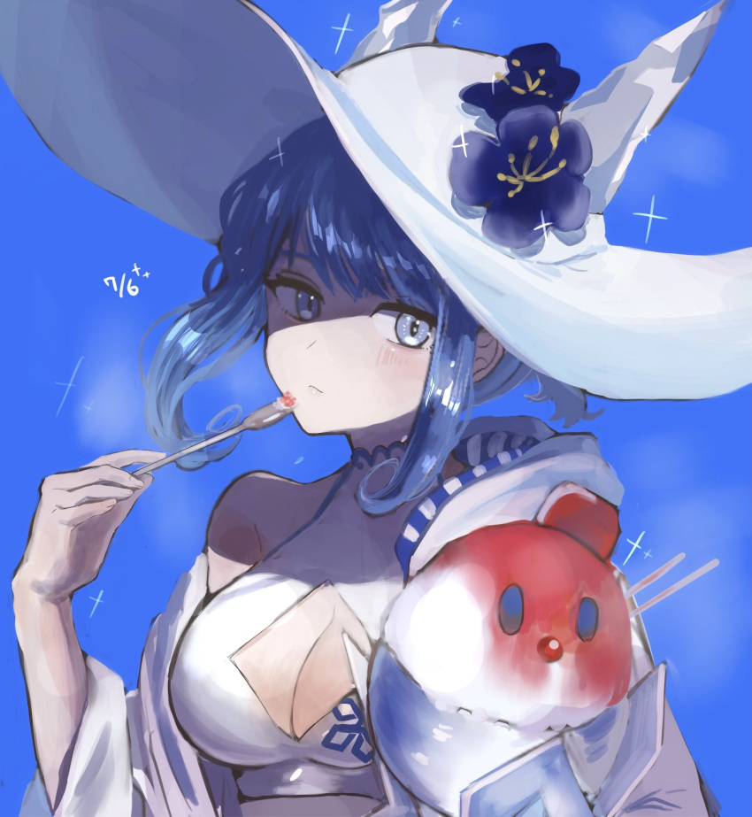 bikini blue_background blue_eyes blue_hair breasts cleavage cleavage_cutout clothing_cutout female fire_emblem fire_emblem_heroes food hat highres ice_cream leon0630claude looking_at_viewer nifl_(fire_emblem) nifl_(summer)_(fire_emblem) official_alternate_costume solo spoon sun_hat swimsuit upper_body white_bikini white_hat