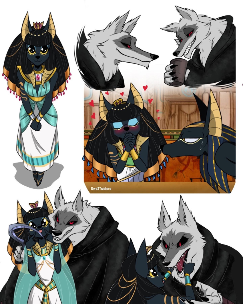 4:5 anthro anubian_jackal anubis armband barefoot bast big_eyes black_body black_claws black_fur black_hair black_nose black_sclera blush bodily_fluids canid canine canis claws cloak closed_eyes clothed clothing container cup daydream death_(puss_in_boots) deity domestic_cat dreamworks dress egyptian_mythology eye_contact facial_markings feet felid feline felis female fluffy fur furniture grey_body grey_fur grin group hair half-closed_eyes happy head_markings heart_symbol hi_res holding_object holding_weapon interspecies jackal jewelry long_hair looking_at_another looking_at_partner looking_down looking_up love male male/female mammal markings mask_(marking) middle_eastern_mythology mythology narrowed_eyes no_shoes poncho prick_ears pupils puss_in_boots_(dreamworks) red_eyes shadow sharp_teeth sickle signature sitting size_difference smile smirk standing sweat sweatdrop sws37sisters table teeth tongue tongue_out trio unimpressed weapon white_body white_fur white_pupils wolf wristband yellow_eyes yellow_sclera