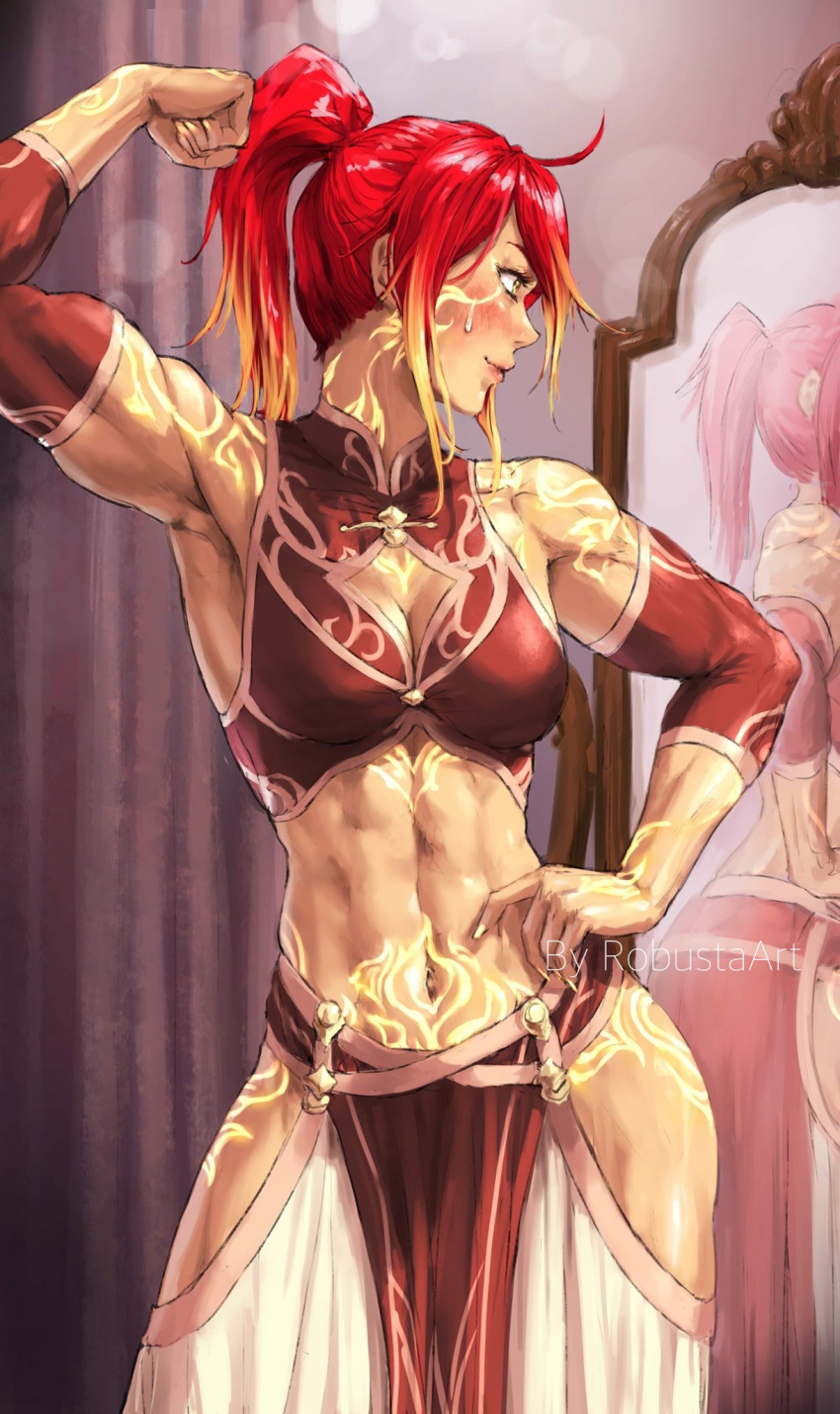 abs ahoge blonde_hair breasts cleavage curtains dancer female highres looking_back mirror multicolored_hair muscular muscular_female original red_hair robusta_mania solo sweat tattoo toned yellow_eyes