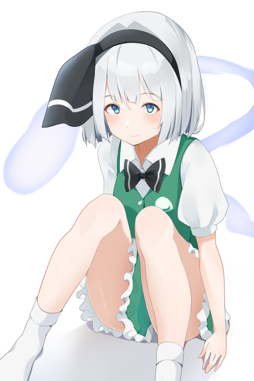 258n absurdres black_hairband bow bowtie female hairband highres konpaku_youmu on_floor shiny_skin sitting smile socks thighs touhou white_hair white_socks