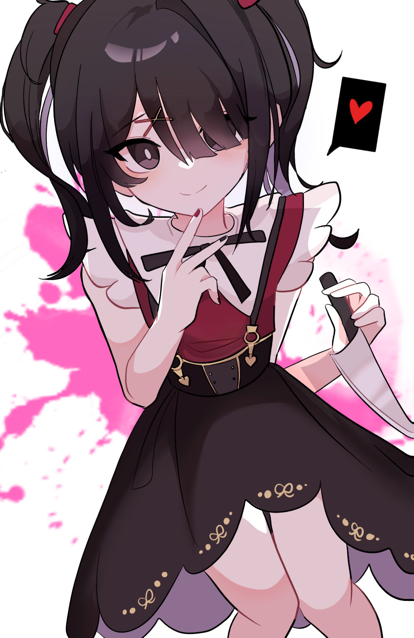 absurdres ame-chan_(needy_girl_overdose) black_skirt blood blood_splatter bright_pupils chenmoww cowboy_shot female finger_to_own_chin from_above hair_over_one_eye heart high-low_skirt highres holding holding_knife knees_together_feet_apart knife needy_girl_overdose no_nose pink_blood skirt smile split_mouth spoken_heart twintails white_pupils