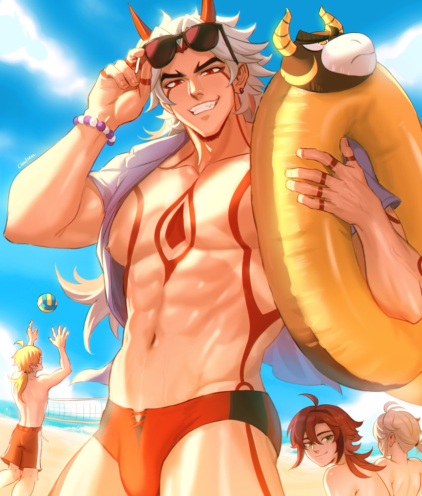 1boy 4boys abs arataki_itto bara beach blue_sky chalseu character_request cloud demon_horns ear_piercing english_commentary genshin_impact glasses green_eyes grin highres horns kaedehara_kazuha long_hair looking_at_viewer male_swimwear multiple_boys muscular muscular_male navel nipples outdoors pectorals piercing purple_shirt red_horns red_male_swimwear red_shorts shikanoin_heizou shirt shorts sky smile solo sunglasses teeth thoma_(genshin_impact) volleyball_net white_hair