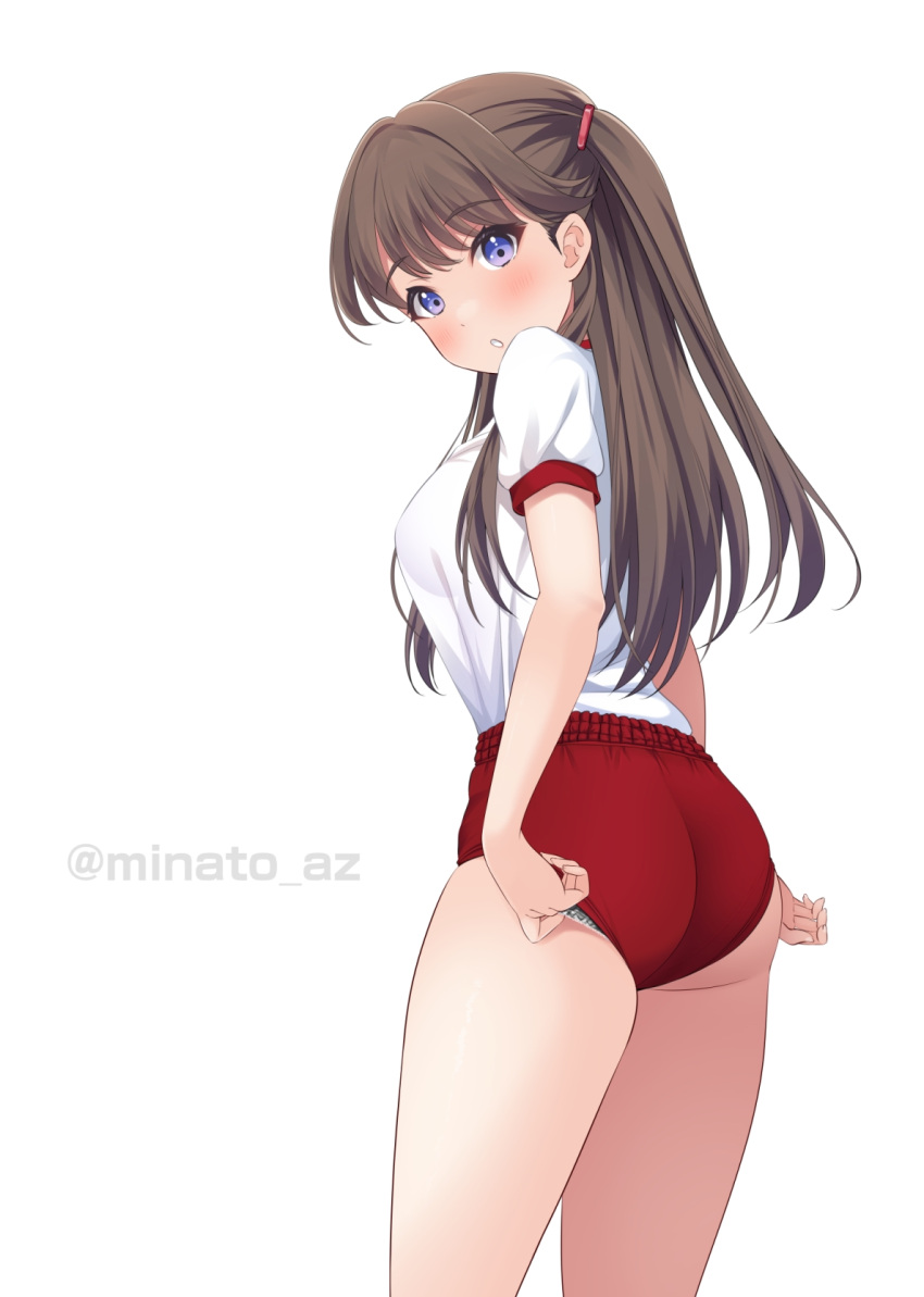 :o alternate_costume ass blush breasts brown_hair buruma commentary_request cowboy_shot female fujishima_megumi gym_uniform highres hino_minato_(spec.c) link!_like!_love_live! long_hair looking_at_viewer looking_back love_live! medium_breasts panties_under_buruma panty_tug purple_eyes red_buruma see-through_silhouette shirt short_sleeves simple_background solo twitter_username two_side_up virtual_youtuber white_background white_mouth white_shirt