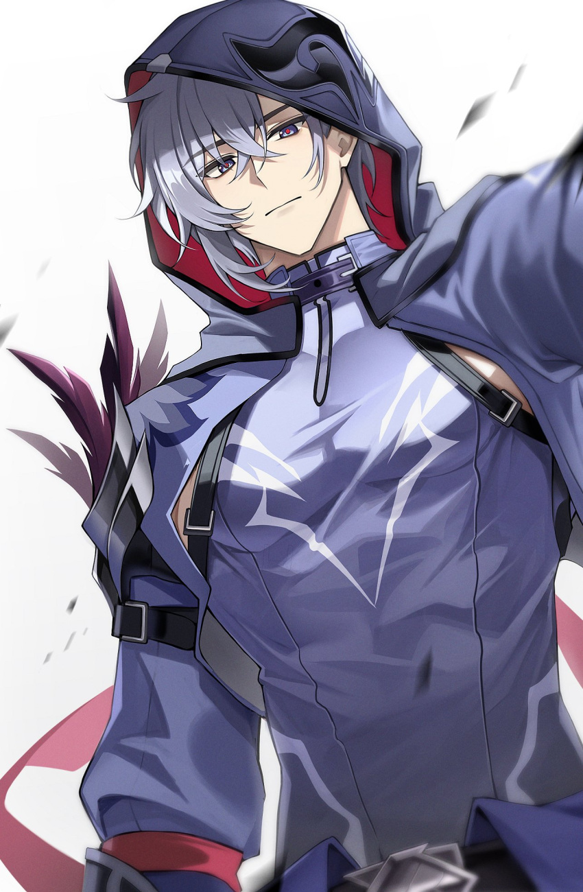 1boy closed_mouth grey_eyes grey_hair hair_between_eyes highres honkai:_star_rail honkai_(series) hood hood_up long_sleeves male_focus moze_(honkai:_star_rail) muscular muscular_male purple_hood short_hair solcha solo white_background