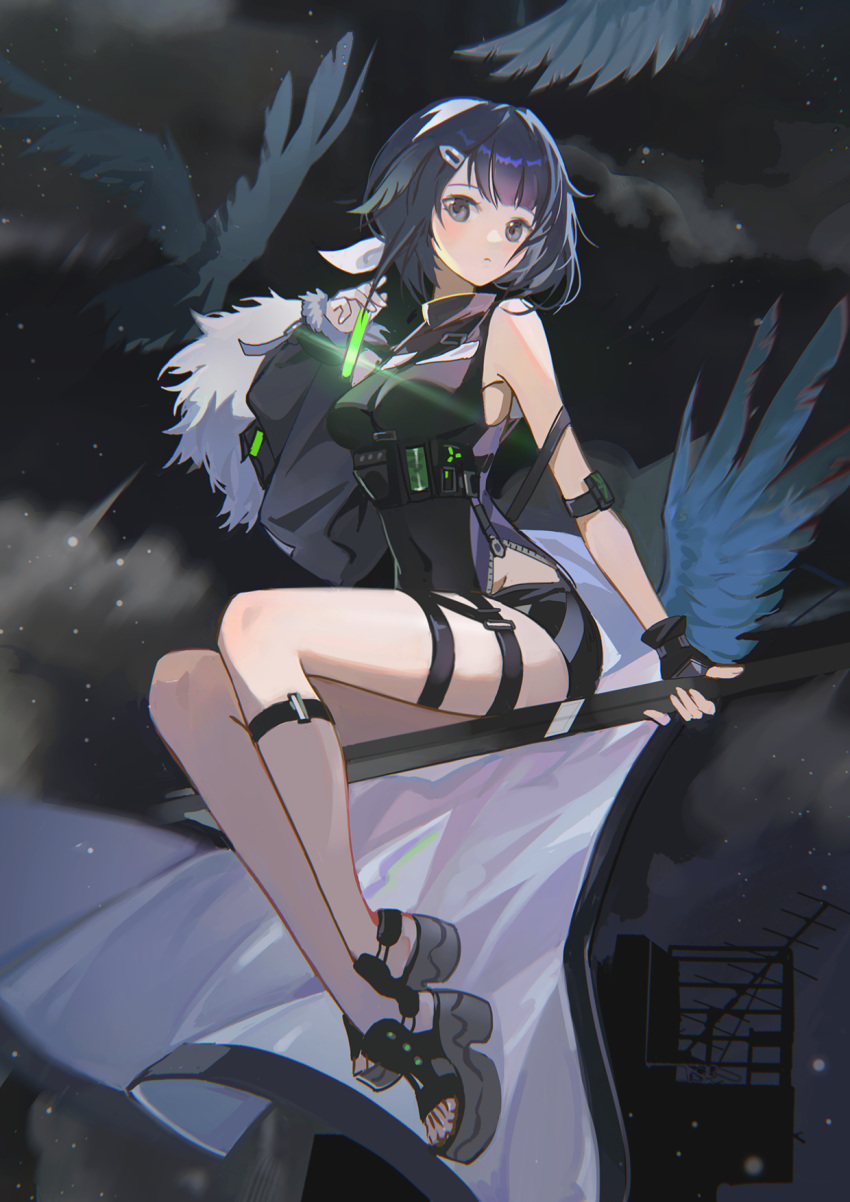 :< arknights bare_shoulders bird black_bird black_eyes black_footwear black_gloves black_hair black_jacket black_shirt black_shorts blush closed_mouth cloud female fingerless_gloves fur-trimmed_jacket fur_trim gloves hair_ornament hairclip haitu highres jacket la_pluma_(arknights) looking_at_viewer sandals shirt short_hair shorts sitting sleeveless sleeveless_shirt thigh_strap toes vial