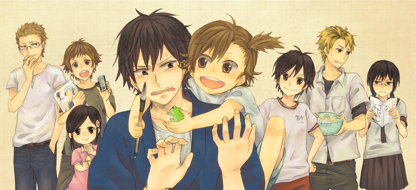 4boys 4girls aged_down arai_tamako barakamon black_hair blonde_hair brown_hair calligraphy_brush cigarette commentary_request frog glasses gym_uniform hair_ornament hairclip handa_seishuu japanese_clothes jinbei_(clothes) kanzaki_kousuke kawafuji_takao kido_hiroshi kotoishi_naru kubota_hina lolicon multiple_boys multiple_girls no_(g00n) paintbrush school_uniform side_ponytail smile yamamura_miwa