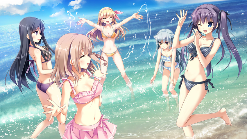 5girls :d :o ;o ^_^ argyle_bikini argyle_clothes arm_up armpits ass bare_arms bare_legs bare_shoulders barefoot beach bikini bikini_skirt black_bikini black_hair black_ribbon blonde_hair blue_eyes blue_hair blue_sky blunt_bangs blush braid breasts brown_hair butt_crack cleavage closed_eyes cloud collarbone day dutch_angle eyebrows frilled_bikini frills game_cg grey_hair hair_flaps hair_intakes hair_ribbon hairband highres horizon kanekiyo_miwa leg_up legs_apart long_hair long_legs mamiya-kunchi_no_itsutsugo_jijou mamiya_moeri mamiya_nekoto mamiya_tamane mamiya_yakumo midriff multiple_girls navel o-ring o-ring_bikini o-ring_bottom ocean one_eye_closed open_mouth outdoors palms pink_bikini pink_ribbon pink_skirt polka_dot polka_dot_bikini purple_eyes purple_ribbon ribbon sand shijouin_ririka siblings side-tie_bikini_bottom side_ponytail single_braid sisters skirt sky smile splashing standing standing_on_one_leg stomach striped_bikini striped_clothes swimsuit tareme tsurime very_long_hair wading water white_ribbon yellow_ribbon