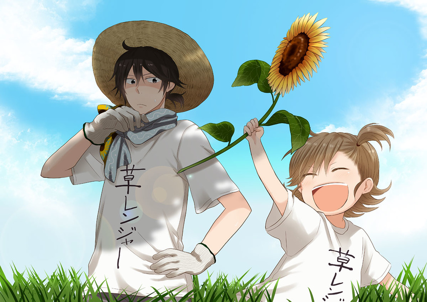 1boy :d aged_down barakamon black_hair brown_hair closed_eyes cloud commentary_request day female flower gloves grass handa_seishuu hat hazuki_(pacco) kotoishi_naru lolicon open_mouth outdoors ponytail shirt side_ponytail sky smile sun_hat sunflower t-shirt