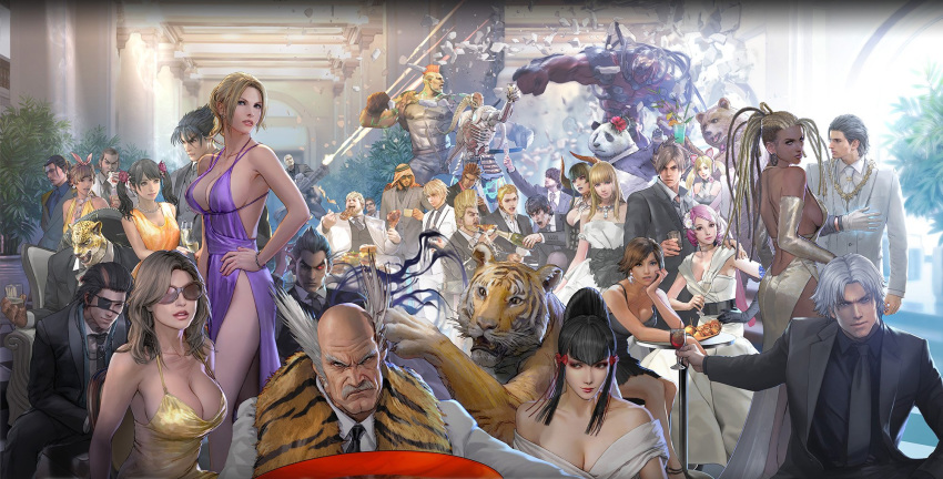 6+boys 6+girls alcohol alisa_boskonovich animal animal_head animal_print arabian_clothes arch architecture bald bare_shoulders beard belt black_dress black_hair black_necktie black_shirt black_suit blonde_hair bob_(tekken) breasts brown_hair bryan_fury celebration chair claudio_serafino claws cleavage closed_mouth cocktail_dress collarbone collared_shirt cropped cup dark_skin debris demon_horns dreadlocks dress drinking_glass eating eddy_gordo elbow_gloves eliza_(tekken) everyone eyepatch facial_hair facing_viewer fat fat_man feng_wei food formal gatling_gun gigas_(tekken) glass gloves gold_dress grey_hair grey_suit grin group_picture gun_jack hair_ornament hair_slicked_back hand_on_own_cheek hand_on_own_face harada_katsuhiro high_ceiling high_heels highres horns husband_and_wife indoors jaguar jewelry josie_rizal junny katarina_alves kazama_asuka kazama_jin keffiyeh king_(tekken) kuma_(tekken) large_breasts lars_alexandersson lee_chaolan legs leo_kliesen lili_(tekken) ling_xiaoyu lips long_hair looking_at_viewer looking_back looking_to_the_side lossy-lossless lucky_chloe makeup marshall_law master_raven medium_breasts miguel_caballero_rojo milestone_celebration minigun mishima_heihachi mishima_kazumi_(tekken) mishima_kazuya moustache multiple_boys multiple_girls muscular necklace necktie nina_williams off-shoulder_dress off_shoulder official_art orange_dress pale_skin panda_(tekken) parted_lips party paul_phoenix pillar pink_hair pizza plant ponytail poster_(medium) purple_dress real_life_insert red_eyes revision sash scar scarf sergei_dragunov shaheen shirt short_hair side_slit sideboob sidelocks sitting smile smirk source_request standing steve_fox suit sunglasses table tattoo tekken tekken_7 textless_version thighs third-party_edit tiger tiger_print twintails vampire vaulted_ceiling very_dark_skin white_dress white_suit wine wine_glass yellow_dress yoshimitsu_(namco)