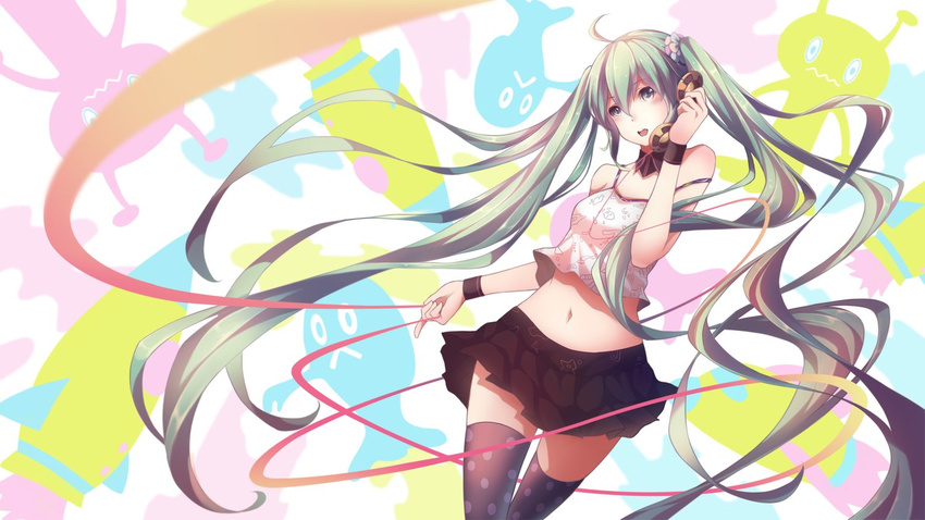 ahoge alien aqua_eyes aqua_hair black_skirt blush collar crop_top detached_collar eugene exposed_shoulders female female green_eyes green_hair hair_ornament happy hatsune_miku highres holding_phone long_hair looking_ahead midriff multicolored_legwear navel ng_(chaoschyan) open_mouth phone pleated pleated_skirt pointing purple_legwear shirt shoulder_strap skirt sleeveless sleeveless_shirt smile solo spotted strap strap_slip string thighhighs tied_hair twintails vocaloid wavy_mouth white_shirt wire wristband zettai_ryouiki