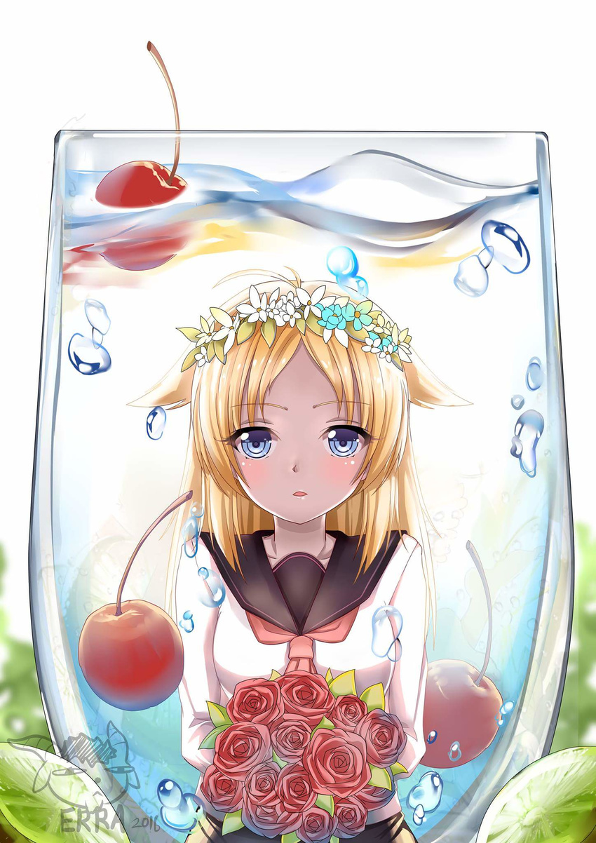 artist_name blonde_hair blue_eyes bouquet cherry eierra female flower food fruit glass hair_flaps hair_flower hair_ornament head_wreath highres original rose school_uniform serafuku solo