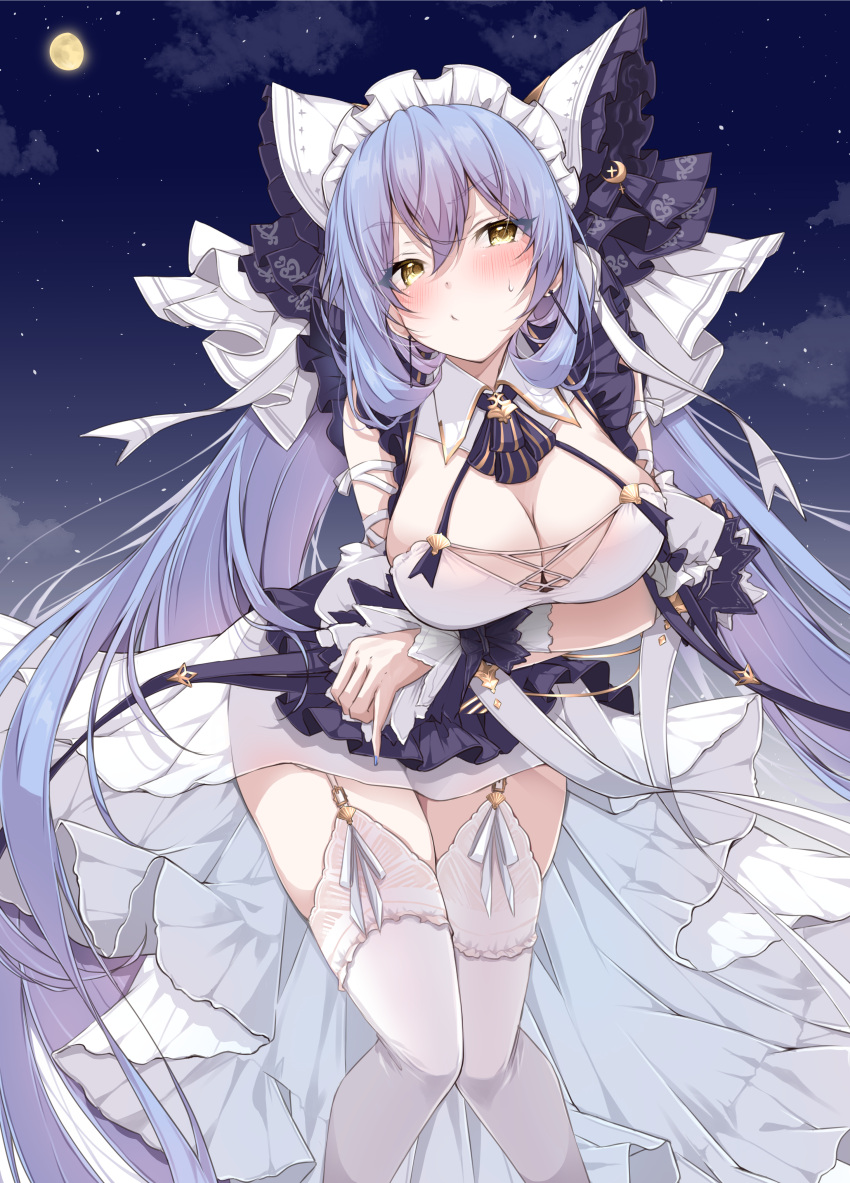 absurdres alternate_costume animal_band animal_ears apron arkhangelsk_(azur_lane) arm_garter arms_under_breasts azur_lane blue_hair breast_hold breasts cheshire_(azur_lane) cheshire_(azur_lane)_(cosplay) cleavage commission cosplay crossed_arms detached_sleeves fake_animal_ears female frilled_hairband frilled_ribbon frills full_moon garter_straps green_eyes hairband highres large_breasts long_hair long_ribbon maid maid_headdress mikuchi3939 moon pixiv_commission puffy_detached_sleeves puffy_sleeves purple_apron ribbon thighhighs white_garter_straps white_thighhighs wrist_cuffs