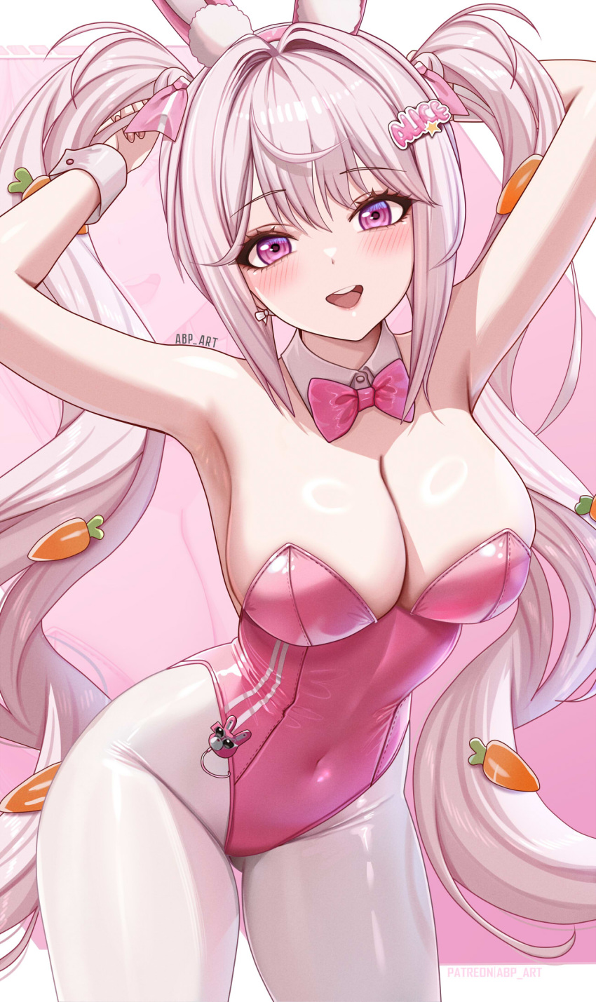 abpart alice_(nikke) alice_(wonderland_bunny)_(nikke) armpits artist_name blush bow bowtie breasts carrot_hair_ornament cleavage covered_navel detached_collar female food-themed_hair_ornament goddess_of_victory:_nikke hair_ornament highres large_breasts leotard long_hair looking_at_viewer official_alternate_costume open_mouth pantyhose patreon_username pink_bow pink_bowtie pink_eyes pink_leotard playboy_bunny simple_background smile solo thighs twintails white_background white_hair white_pantyhose