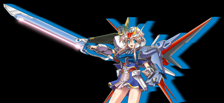 :d black_background blue_jacket collared_shirt cowboy_shot female fingernails gatling_gun gundam gundam_seed headgear highres holding holding_sword holding_weapon humanization jacket legs_apart long_hair looking_at_viewer mecha_musume mechanical_wings miniskirt open_clothes open_jacket open_mouth outstretched_arm overskirt panties pantyshot perfect_strike_gundam pink_hair pink_skirt pleated_skirt puffy_short_sleeves puffy_sleeves purple_shirt shinjou_satomi shirt short_sleeves simple_background skirt smile solo standing strike_gundam sword teeth underwear upper_teeth_only weapon white_panties wings