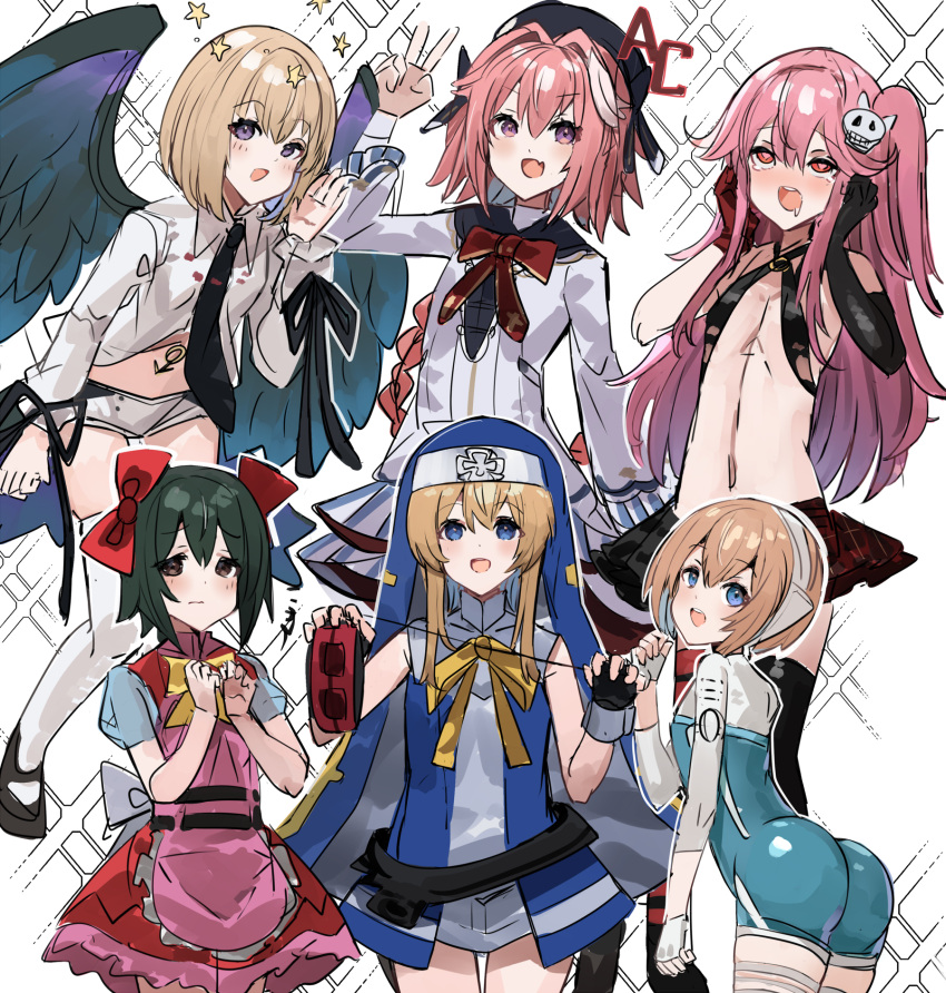 6+boys apron ass astolfo_(fate) asymmetrical_sleeves beatmania_iidx black_skirt blonde_hair blue_dress blue_eyes bow braid bridget chunithm crossover cuffs cuilan dress drooling fate/apocrypha fate/grand_order fate_(series) fingerless_gloves frilled_apron frills gloves green_hair guilty_gear guilty_gear_xx habit hairband handcuffs heart heart-shaped_pupils highres layered_skirt long_hair long_sleeves male_focus mars_symbol medium_hair minase_itsuki_(vs_janshi_brand-new_stars) mouth_drool multicolored_hair multiple_boys multiple_wings necktie nun oerba_yun_fang one_side_up otoko_no_ko pink_apron pink_hair plaid plaid_skirt purple_eyes rche_(beatmania) red_bow red_gloves red_skirt ribbon senkou_no_ronde short_shorts shorts single_braid skin_fang skin_tight skirt smile spread_legs star_(symbol) streaked_hair symbol-shaped_pupils the_olphy thighhighs unitard vs_janshi_brand-new_stars white_hair wings yatagarasu_koutarou yellow_bow yellow_ribbon yo-yo zettai_ryouiki