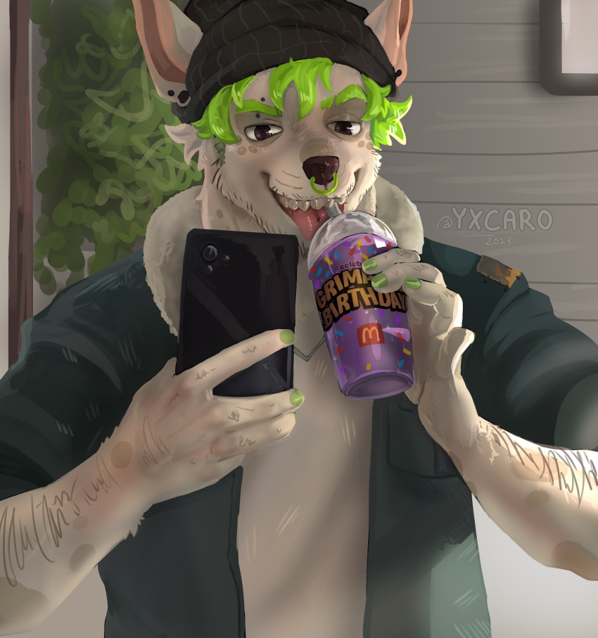 absurd_res anthro canid canine canis clothed clothing domestic_dog fully_clothed grimace_shake hi_res juckxony male mammal mcdonald's meme mirror piercing selfie solo