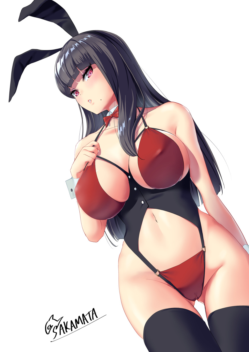 absurdres animal_ears artist_name black_hair black_thighhighs blush bow bowtie breasts commentary_request covered_nipples detached_collar fake_animal_ears female highres large_breasts leotard long_hair looking_at_viewer mole mole_under_mouth navel original parted_lips playboy_bunny rabbit_ears red_eyes sakamata_(sakamata4) signature simple_background solo strapless strapless_leotard thighhighs white_background wrist_cuffs