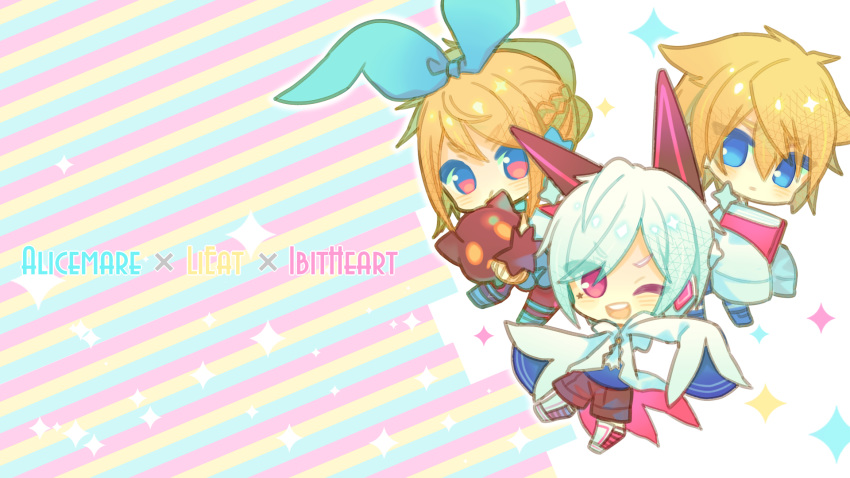 1bitheart 2boys alicemare allen_llewellyn blonde_hair blue_eyes blue_ribbon book chibi colorful creature crossover efina female hair_ribbon highres lieat miwasiba multiple_boys multiple_crossover nanase_yoshi red_eyes ribbon source_request sparkle star_(symbol) white_hair yellow_eyes