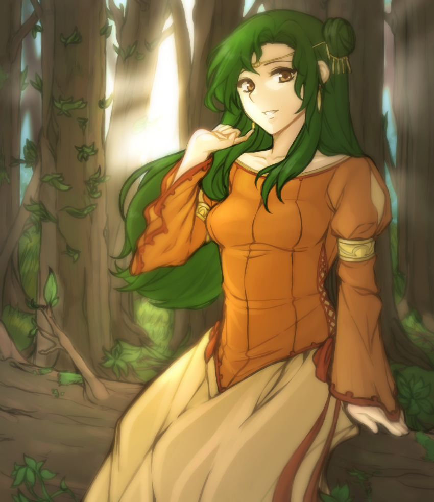 absurdres bare_shoulders breasts collarbone dress elincia_ridell_crimea fallen_tree female fire_emblem fire_emblem:_path_of_radiance fire_emblem:_radiant_dawn forest green_hair highres in_tree long_hair looking_at_viewer nature outdoors sitting sitting_in_tree small_breasts smile sunlight tree tridisart yellow_eyes