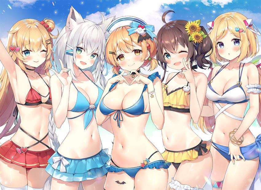 1st_generation_(hololive) 5girls :d ;) ahoge akai_haato akai_haato_(hololive_summer_2019) aki_rosenthal aki_rosenthal_(hololive_summer_2019) animal_ear_fluff animal_ears arm_garter arm_up armpits ayamy bat_hair_ornament bat_tattoo bikini bikini_skirt black_choker blonde_hair blue_bikini blue_bow blue_eyes blue_nails blush bow braid breasts bridal_garter brown_hair choker cleavage closed_mouth cowboy_shot detached_hair flower fox_ears frilled_bikini frills front-tie_bikini_top front-tie_top hair_bun hair_flower hair_ornament hairclip hand_up heart heart_hair_ornament heart_hands hololive leg_tattoo long_hair looking_at_viewer low_twintails medium_breasts multiple_girls nail_polish natsuiro_matsuri natsuiro_matsuri_(hololive_summer_2019) navel official_alternate_costume one_eye_closed outdoors parted_bangs parted_lips red_bikini shirakami_fubuki shirakami_fubuki_(hololive_summer_2019) short_hair short_twintails single_hair_bun small_breasts smile standing stomach string_bikini sunflower swimsuit tattoo thigh_strap thighhighs twintails v very_long_hair virtual_youtuber white_bikini white_hair white_headwear white_thighhighs x_hair_ornament yellow_bikini yellow_eyes yellow_flower yozora_mel yozora_mel_(hololive_summer_2019)