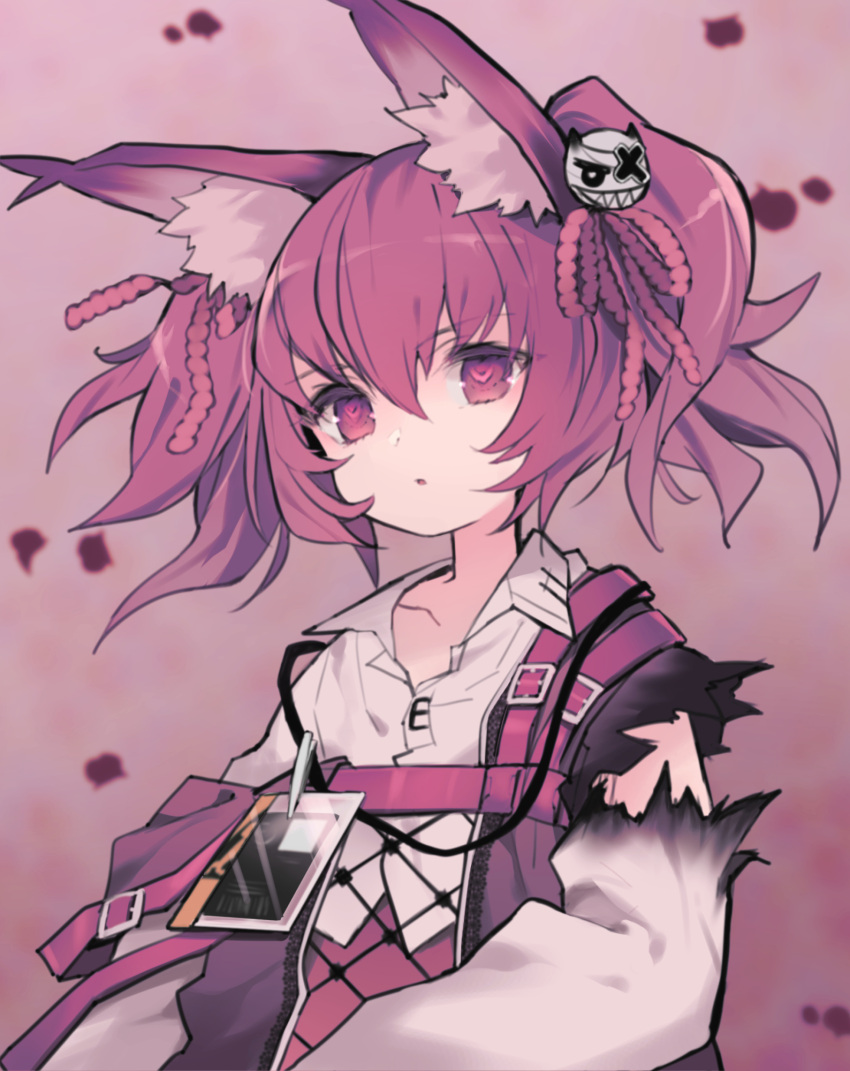 animal_ear_fluff animal_ears arknights burnt_clothes commentary female fox_ears hair_between_eyes hair_ornament hair_ribbon heart heart-shaped_pupils highres id_card itsumi_(itumiyuo) lanyard long_hair long_sleeves pink_background pink_eyes pink_hair pink_ribbon ribbon see-through shamare_(arknights) shirt simple_background skull_hair_ornament solo symbol-shaped_pupils white_shirt