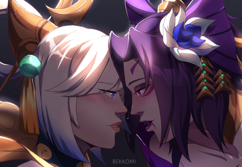 2girls artist_name bekkomi blue_flower blue_hair blush cassiopeia_(league_of_legends) collarbone english_commentary eye_contact fangs flower hair_flower hair_ornament highres league_of_legends long_hair looking_at_another lunar_empress_lux lux_(league_of_legends) multicolored_hair multiple_girls official_alternate_costume parted_bangs portrait purple_hair short_hair spirit_blossom_(league_of_legends) spirit_blossom_cassiopeia two-tone_hair white_flower yuri