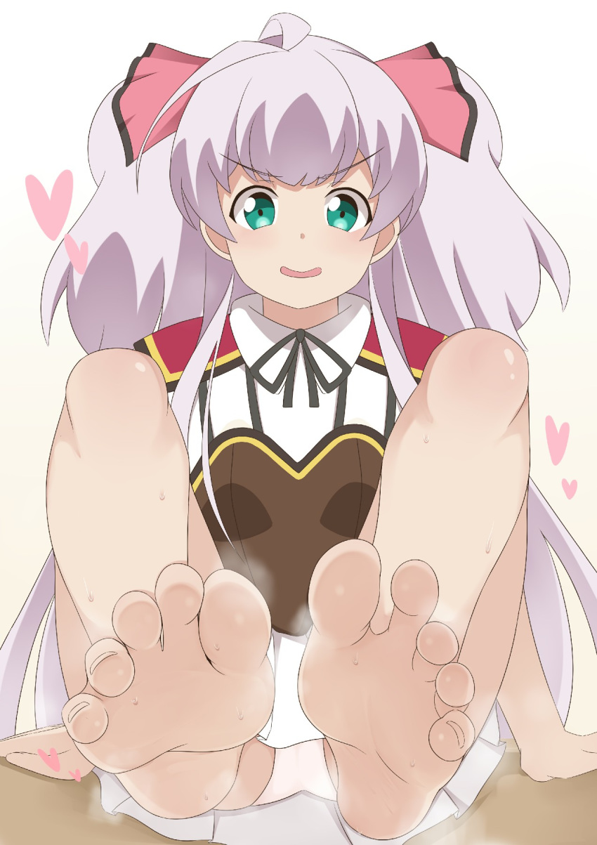 barefoot breasts commentary_request feet female foot_focus foreshortening green_eyes grey_hair highres long_hair mile_(noukin) otono_fei sitting small_breasts smell soles toes very_long_hair watashi_nouryoku_wa_heikinchi_de_tte_itta_yo_ne! wiggling_toes