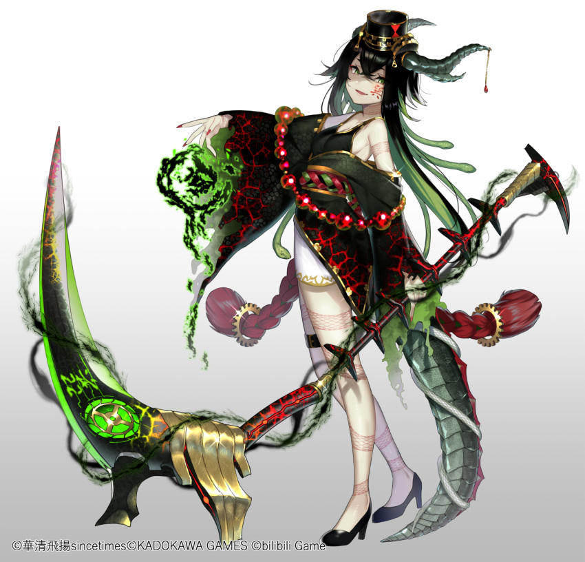 animistic aura bare_shoulders black_footwear black_hair black_hat black_kimono blush breasts character_request commentary_request copyright_notice crossed_bangs curled_horns dark_aura facial_mark female full_body gears glint gradient_background green_hair grey_background hair_between_eyes hat high_heels highres holding holding_scythe horns itamidome japanese_clothes kimono long_legs long_sleeves looking_at_viewer mini_hat multicolored_hair nail_polish oerba_yun_fang off_shoulder official_art parted_lips red_nails scythe shoes small_breasts smile snake_hair solo standing tail two-tone_hair watermark white_background wide_sleeves