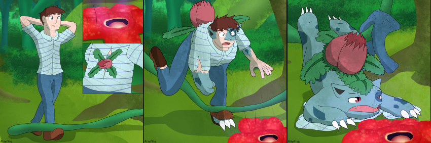 absurd_res alsoflick base_one_layout basic_sequence blue_eyes bottomwear brown_clothing brown_footwear brown_hair brown_shoes butterpillow claws clothing elemental_creature falling fangs feral finger_claws flora_fauna flower footwear forest generation_1_pokemon grass green_body hair hi_res human human_to_feral ivysaur jungle linear_sequence male mammal nintendo one_row_layout open_mouth outside pants plant plant_transformation pokemon pokemon_(species) red_eyes sequence shirt shoes smile solo species_transformation teeth three_frame_image three_frame_sequence toe_claws tongue topwear torn_clothing torn_shirt torn_topwear transformation transformation_by_fictional_prop transformation_by_item transformation_mechanism transformation_sequence tree vines white_claws