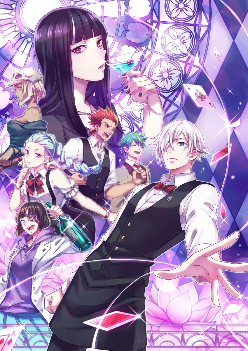 3boys 4girls bare_shoulders bartender black_hair blue_eyes blue_hair bottle bow bowtie brown_hair card castra_(death_parade) cigarette clavis_(death_parade) cocktail_glass commentary_request cup death_parade decim_(death_parade) drinking_glass eyepatch flower ginti green_hair hair_over_one_eye headgear highres hood hoodie kurokami_no_onna long_hair looking_at_viewer martini multiple_boys multiple_girls nona_(death_parade) open_mouth quin_(death_parade) red_hair smile suzaku_(zaku6584) uniform white_hair wine_bottle