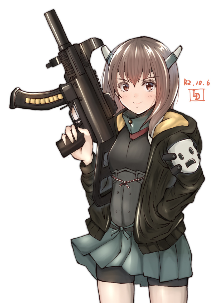 artist_logo bike_shorts black_jacket brown_eyes brown_hair commentary_request corset cosplay cosplay_request dated female flat_chest grey_skirt gun h&k_ump hands headband headgear highres hood hooded_jacket hoodie jacket kantai_collection ld_(luna_dial398) looking_at_viewer mask one-hour_drawing_challenge pleated_skirt shorts shorts_under_skirt simple_background skirt solo standing submachine_gun taihou_(kancolle) tenkuu_shinpan weapon white_background