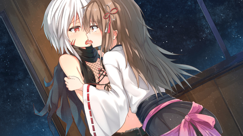 1boy belt_buckle black_skirt breasts brown_eyes brown_hair buckle cleavage crossdressing eye_contact female french_kiss game_cg hair_ribbon kissing kurokawa_izumi long_hair long_sleeves looking_at_another midriff mononofu_~shirayuri_kassen_maihime~ navel night pleated_skirt red_eyes red_ribbon red_sleeves ribbon shirt skirt small_breasts stomach straight straight_hair tongue tongue_out white_hair white_ribbon white_shirt wide_sleeves