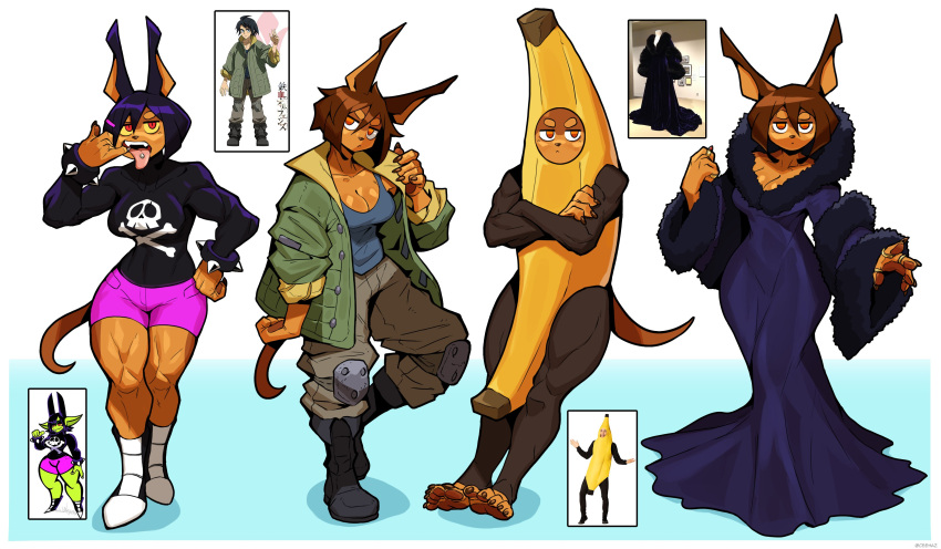 2023 5_fingers 5_toes absurd_res annoyed anthro banana_costume biceps black_hair boots bottomwear bracelet breasts brown_body brown_fur brown_hair brown_nails canid canine canis ceehaz cleavage clothed clothing colored_nails cosplay digit_ring dobermann dog_knight_rpg domestic_dog dress feet female finger_ring fingers food_costume footwear fur gundam:_iron_blooded_orphans hair hi_res humanoid_feet humanoid_hands jacket jewelry knee_pads mammal mikazuki_augus multiple_outfits muscular muscular_anthro muscular_female muscular_legs muscular_thighs nails pants pawpads piercing pinscher plantigrade quads red_eyes rory_(ceehaz) shirt shorts simple_background soles solo sopa_(wonderwaffle) spiked_bracelet spikes t-shirt thick_thighs toes tongue tongue_out tongue_piercing topwear white_background wide_hips yellow_sclera