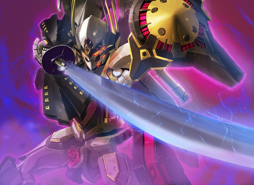 aquakurow electricity glowing glowing_eye holding holding_sword holding_weapon katana looking_at_viewer mecha no_humans nobunaga_the_fool robot science_fiction solo sword the_fool_(mecha) weapon