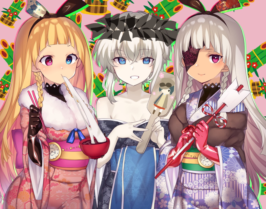 3girls alicesoft alyce_(dohna_dohna) am_isuel arrow_(projectile) bare_shoulders black_bodysuit black_gloves blonde_hair blue_eyes bodysuit bodysuit_under_clothes bowl braid breasts chopsticks company_connection crook_mofus dark-skinned_female dark_skin dohna_dohna_issho_ni_warui_koto_o_shiyou eating food fur_collar gloves grey_hair hairband hamaya hanetsuki heterochromia highres holding holding_arrow holding_bowl holding_chopsticks japanese_clothes kadomatsu kimono kouhaku_nawa laurel_crown light_blush long_hair looking_at_viewer mochi multiple_girls new_year obi off_shoulder paddle pale_skin pink_eyes pocket_watch print_kimono rance_(series) red_gloves rope sash shimenawa short_hair_with_long_locks side_braids small_breasts smile upper_body watch white_hair wide_sleeves yammy_(dohna_dohna) yononaka