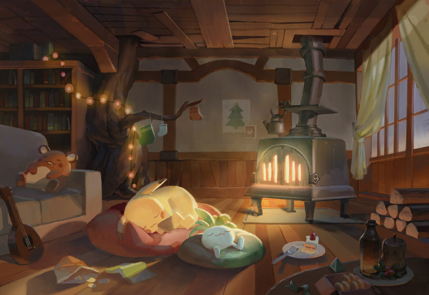 book bookshelf cake cake_slice chips_(food) closed_eyes closed_mouth commentary couch curtains dedenne firewood food fork frogjem highres indoors instrument kettle log lying no_humans oddish on_back packet pikachu plate pokemon pokemon_(creature) sleeping smile socks window wood-burning_stove wooden_ceiling wooden_floor